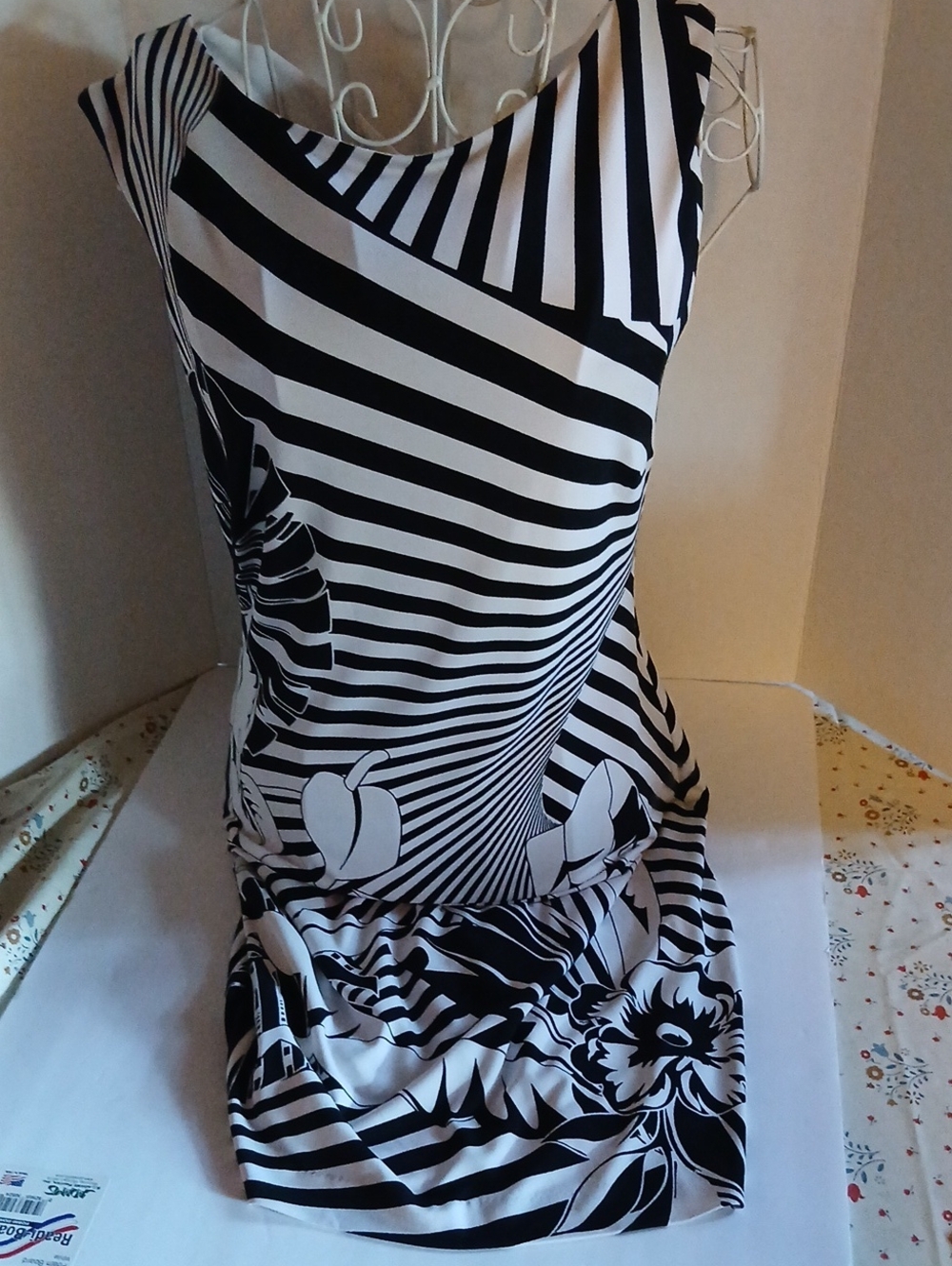Cache Black & White Striped Floral Midi Dress with Abstract Print